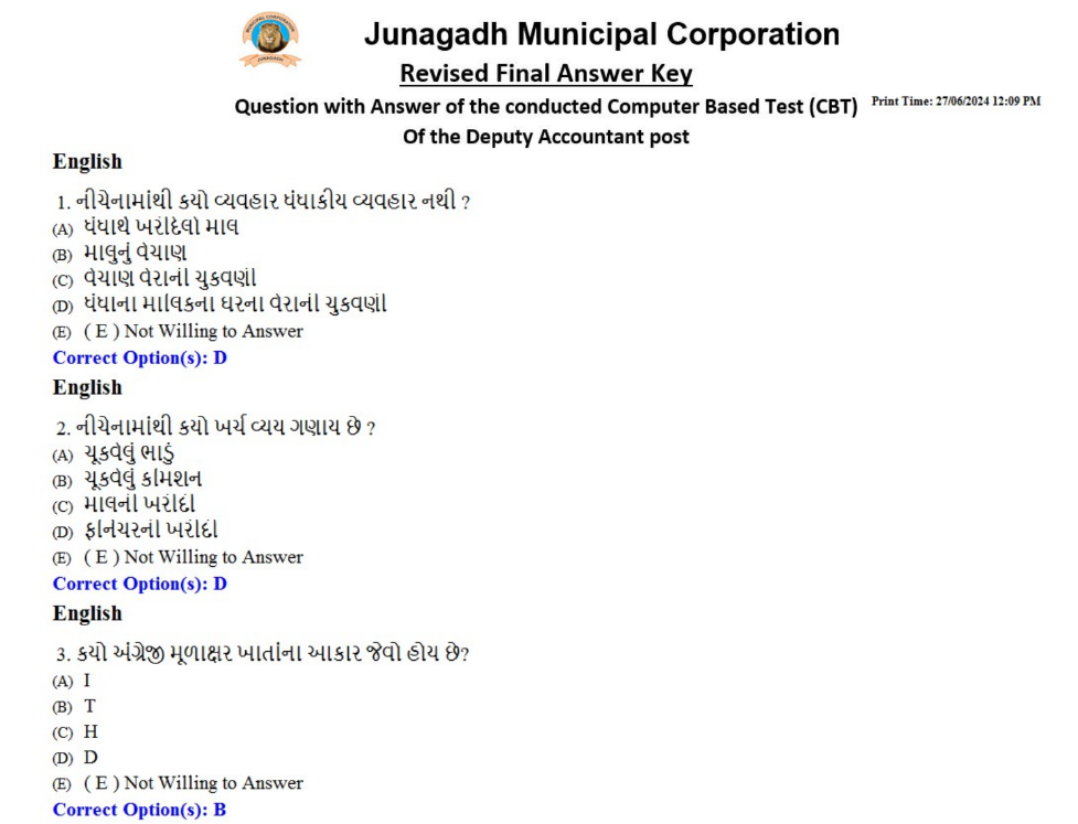 Junagadh Municipal Corporation deputy Accountant Revised Final Answer Keys 2024.png